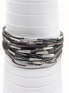 Silpada B2183 Multi-Strand Sterling Silver Tube Bracelet - Black & Brown Leather